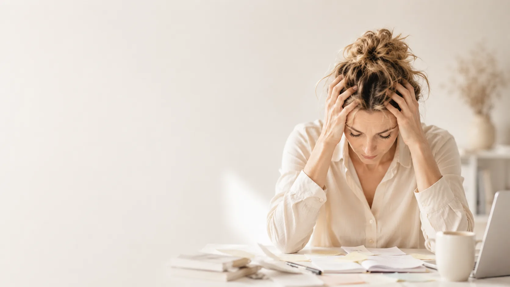 Gestresste Unternehmerin am überfüllten Schreibtisch – KI Beratung für Frauen, Automatisierung für Selbstständige und Unternehmerinnen mit runonce.ai